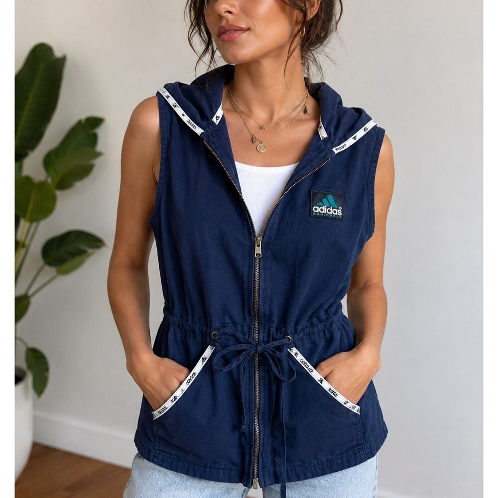 Vintage Adidas Equipment Women's Hooded Utility Full Zip Blue Vest Small Est
